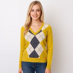 J. Crew Magnifica Yellow Cashmere argyle v-neck long sleeve sweater size S